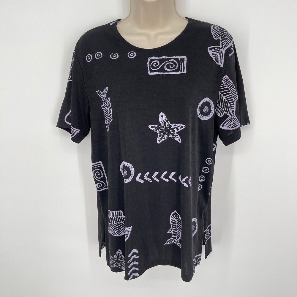 Impressions VINTAGE Black Ocean Semi-Sheer Top Womens Sz M Fish Starfish